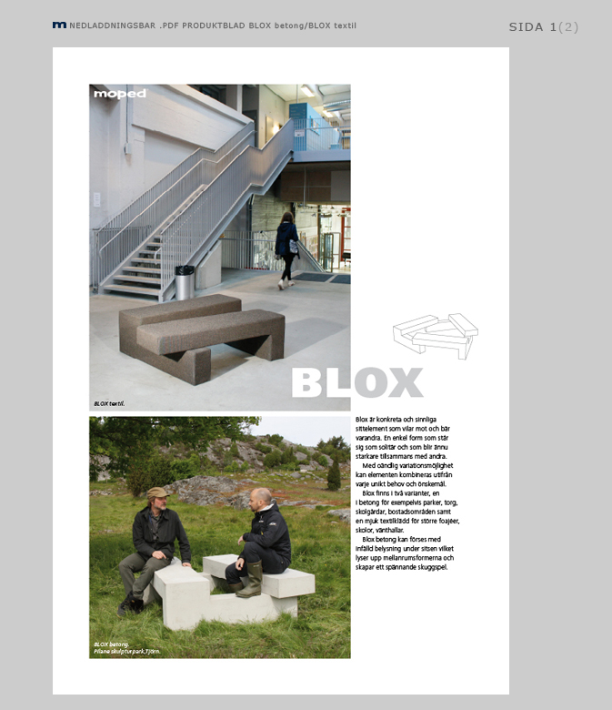 Blox betong och Blox textil Produktblad sidan 1.
